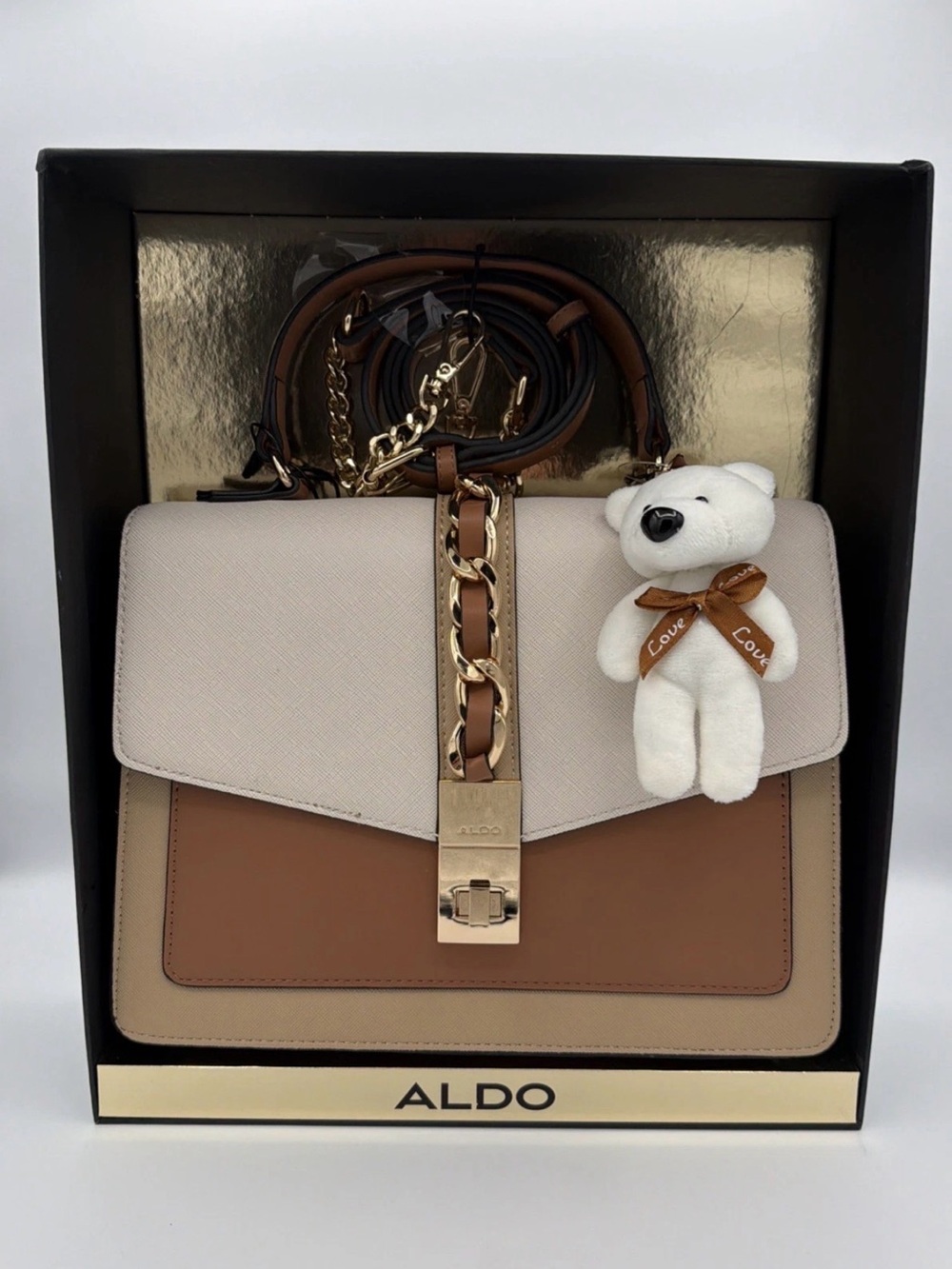 ALDO Beige, Tan & Brown Satchel with Gold Chain Accent and Plush Charm